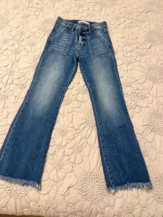 Hidden Jeans Denim - High-Rise Medium Blue Flare Jeans with Raw Hem